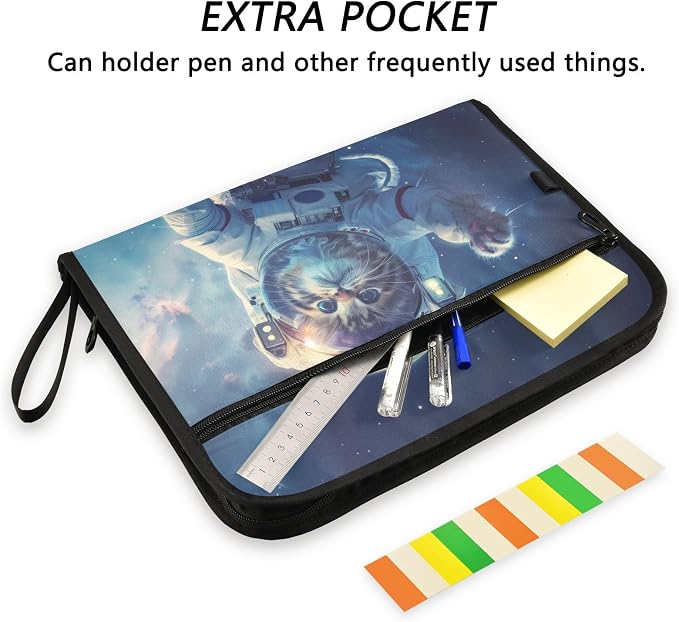 13 Pocket Zipper Expanding File Folder A4 Space Cat | Accordion File Organizer with Front Pouch A4 Letter Size Portable Folders for Documents Receipt School Office Supplies