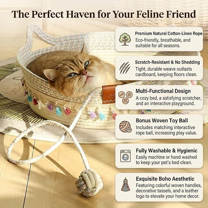 Cat Bed Basket with Soft Cushion & Play Ball - Cotton Rope Cat Beds for Indoor Cats, Kittens & Medium and Large Cat - Durable Handwoven Cat Scratching Bed with Decorative Tassels, All Season Universal