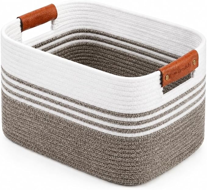 Cotton Rope Laundry Basket Small, 12.8GAL Collapsible Woven Storage Baskets for Living Room Kids Toys Stuffed Animal,Boho Rectangular Decorative Short Hamper for Dirty Clothes, Blankets Dark Brown