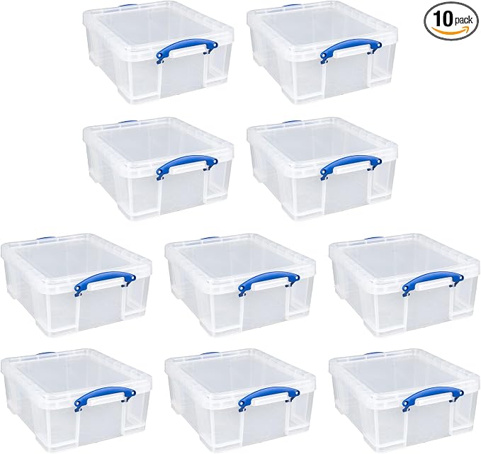 Really Useful Box 17L Plastic Storage Bins, 10 Pack | Containers with Snap Lids and Clip Lock, Clear