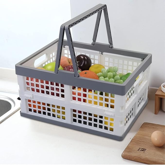 Teyyvn 2-Pack Collapsible Crate with Handle, Grocery Shopping Baskets | Collapsible Stackable Grocery Crates with Handles, lightweight for supermarket shopping, car storage, garage organization