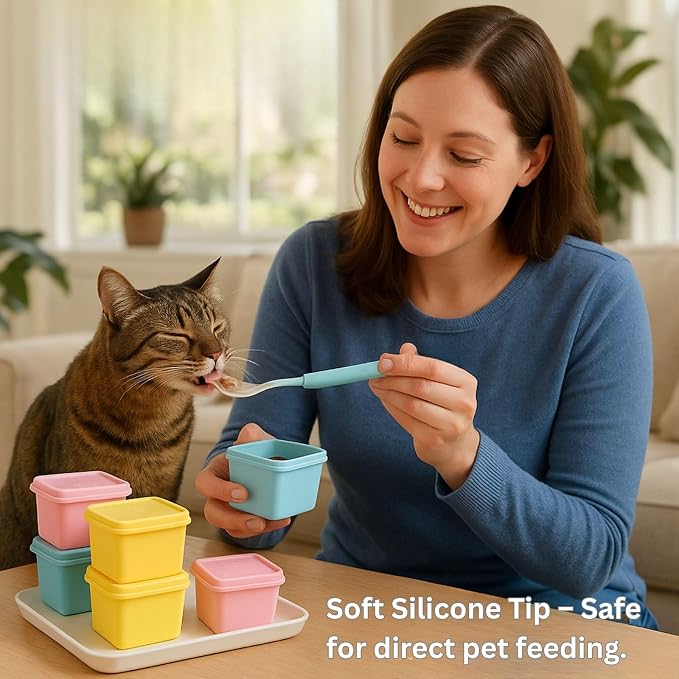 2ME Cat and Dog Food Storage Containers with Lids, 6-Pack 100% Silicone 4oz Each, with Dual-Ended Scoop – Keeps Wet Can Food Fresh, Odor-Resistant,Freezer, Microwave & Dishwasher Safe