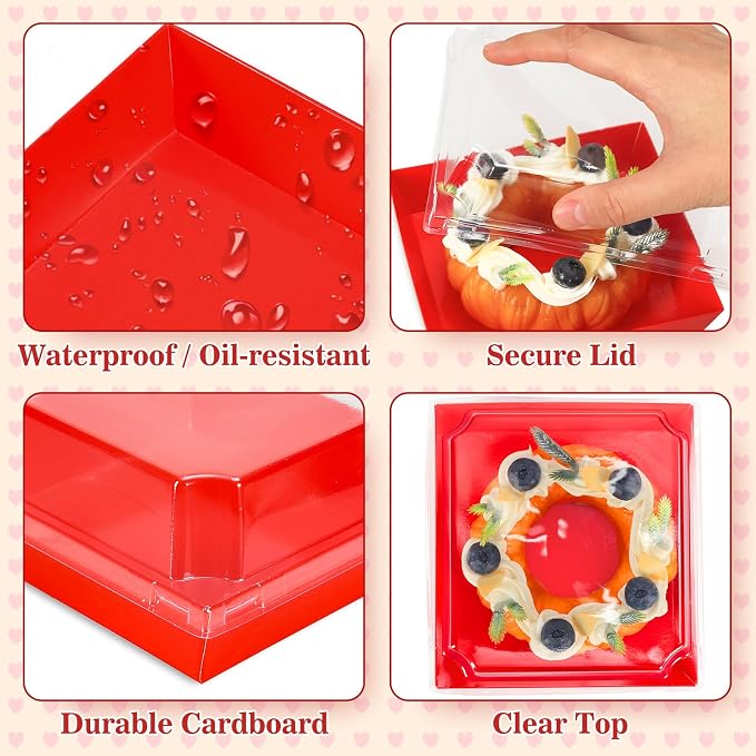 Whaline 50 Set Red Small Charcuterie Boxes with Clear Lids Forks Knives Mother's Day Clear Mini Dessert Box Disposable Food Container for Gift Giving Wedding Party Sandwich Cookie Sushi Cake