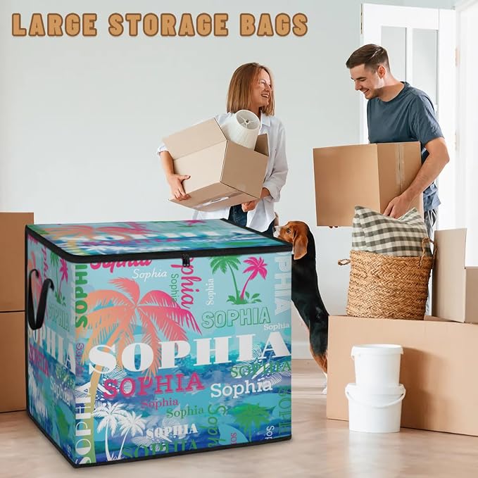 Personalized Name Foldable Storage Basket Cubes with Lid, Laundry Hamper Dirty Clothes Storage Bin with Handles for Shelf Home Closet Kitchen, Painted Blue Butterflies with Pink Green Tropical Trees