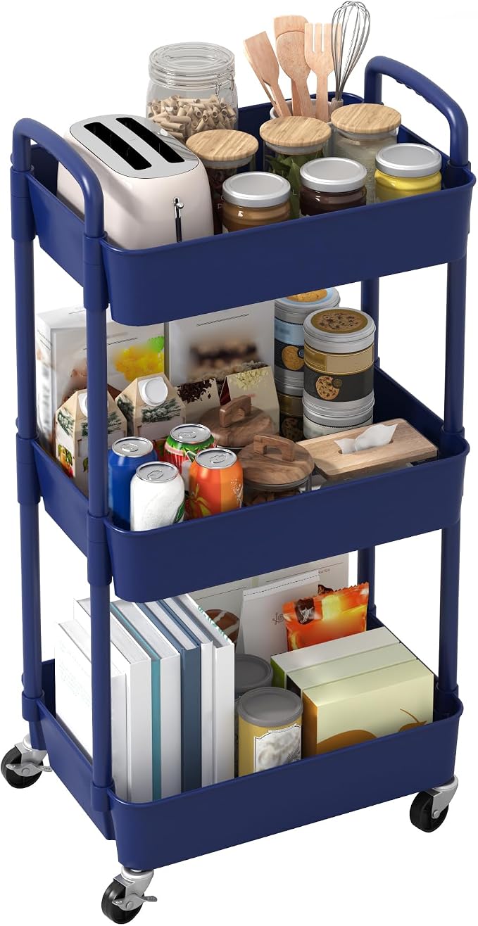 Sywhitta 3-Tier Plastic Rolling Utility Cart with Wheels for Storage,Blue | Multi-Functional Storage Trolley, for Office, Living Room, Kitchen, Bathroom,Movable Organizer,Space-Saving,Easy to assemble