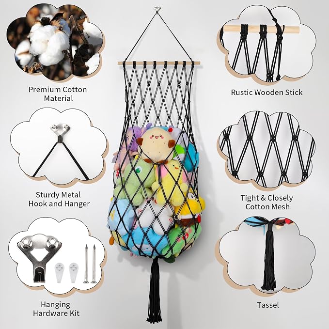 68 Inch Stuffed Animal Storage Net Corner Stuffy Hammock,Black | Boho Macrame Large Toy Hammock for Stuffed Animals Organizer,Wall Ceiling Over Door Stuffy Storage Holder,Nursery Room Decor