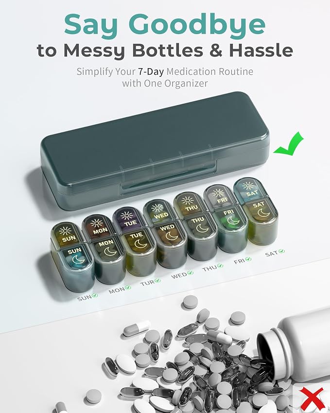 𝐏𝐢𝐥𝐥 𝐎𝐫𝐠𝐚𝐧𝐢𝐳𝐞𝐫, Am & Pm Pill Organizer 7 Days, Weekly Pill Organinzer 2 Times a Day, Pill Box 7 Day, Medicine Pill Organizer for Travel, Vitamins, Fish Oils, Supplements