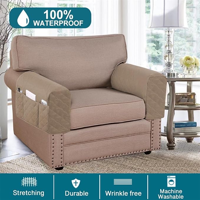 2 Pcs Waterproof Couch Arm Covers Dirty-Resistant Anti-Scratch Arm Rest Covers for Sofa with Side Pocket Anti-Slip Arm Chair Covers, Armrest Organizer(Khaki)