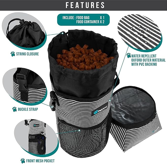 PetAmi Travel Dog Food Bag with 2 Collapsible Bowls Waterproof Dog Kibble Storage & Foldable Food Water Bowls for Dogs & Cats, Hiking & Camping (Stripe Black, Grey)