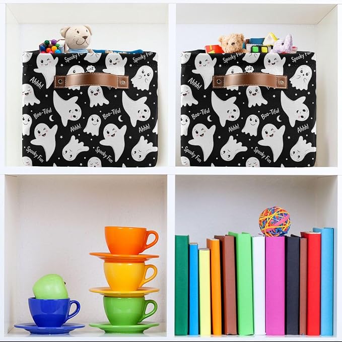 Kigai Storage Basket, Fabric Collapsible Closet Organizer Bin | Halloween Boo Waterproof Foldable Canvas Basket with Handles for Shelves, Nursery, Closet, Bedroom & Bathroom