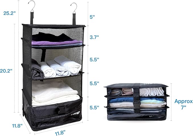 Stow-N-Go Hanging Travel Shelves, Packing Organizer for Luggage. Carry on Closet for Suitcase. Expandable Packing Cube. Travel Essentials. (Black - L, L = (L) 11.8" x (W) 11.8")