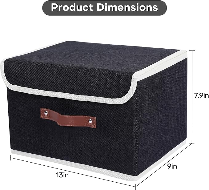 ANMINY Fabric Storage Box Bins with Lids, Black, 13"x9"x7.9" | Keepsake Memory Storage, Cotton Linen, PP Board Reinforced, Washable, PU Handles, Foldable & Stackable, Decorative, Medium