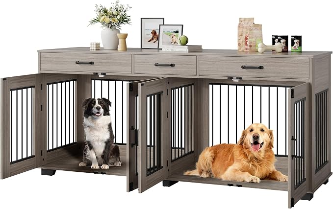 IDEALHOUSE 71-Inch Large Dog Crate with 3 Drawers for 2 Dogs, Grey | Dog Kennel Furniture, Large Breed Dog Crate and TV Stand for Medium-Large Dog