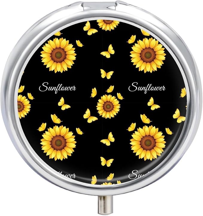 Pocket Pill Box, Beautiful Butterfly Sunflower Compact Round Dispenser, Travel Organizer for Supplements, Waterproof Case Purse Carry for Hiking