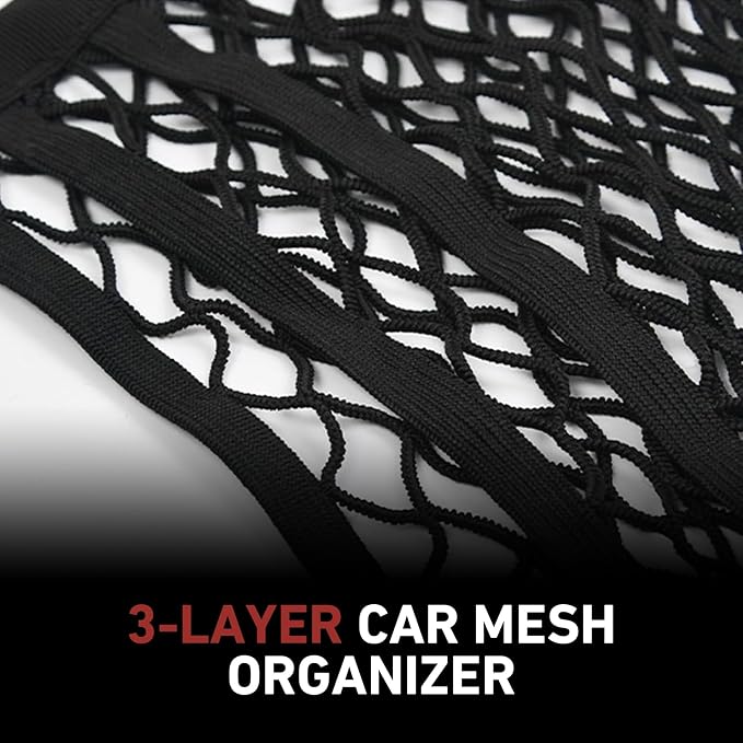 3-Layer Car Mesh Organizer, Front Seat Back Net Bag, Stretchable Kid Dog Car Net Barrier Pet Divider Storage, Universal Hanging Storage Netting Pouch for Most Auto, Sedan, SUV