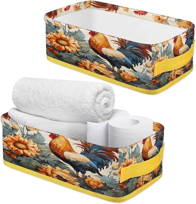 Sunflower Chicken Print Bathroom Storage Basket Waterproof Foldable Storage Bins with Handles Decorative Toilet Paper Storage Basket for Organizing for House Bathroom Toiletries