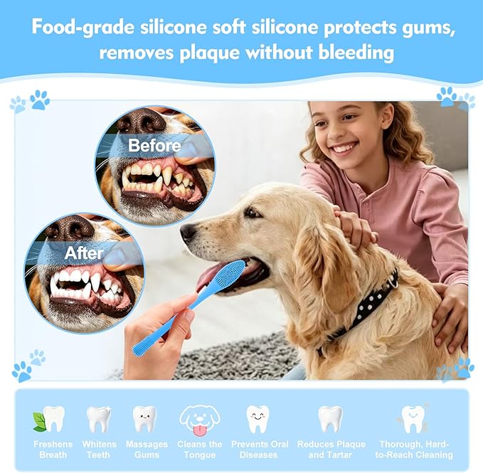 Dog Toothbrush，2-piece Dog Tooth Brushing kit，cat Toothbrush,Food-Grade Silicone Dog Tooth Brush for Cleaning Teeth Suitable for Small，Medium and Large Pets (Blue)