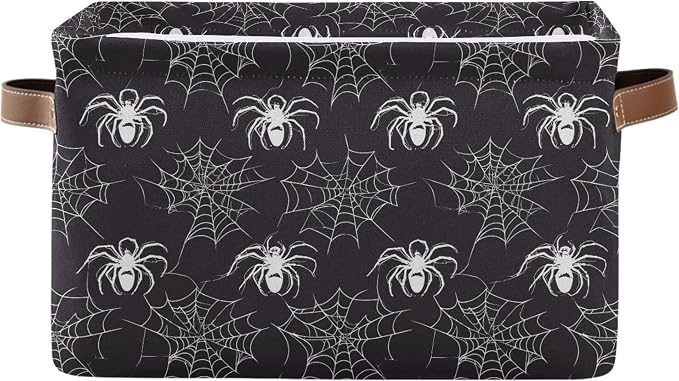 Wamika Happy Halloween Storage Basket with Waterproof Liner and PU Handles Spooky Spider Web Black Storage Bins Boxes 14.2" Collapsible Decorative Organizer Baskets for Bedroom Closet Office 1 Pack