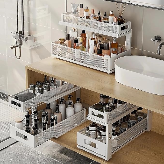2 Pack 21.3IN-Depth Under Sink Organizer With Next-Gen Ball-Bearing Slides,2-Tier Pull Out Cabinet Storage,Height Adjustable Drawer Shelf for Bathroom,Kitchen,Laundry,Cabinet,Pantry-White