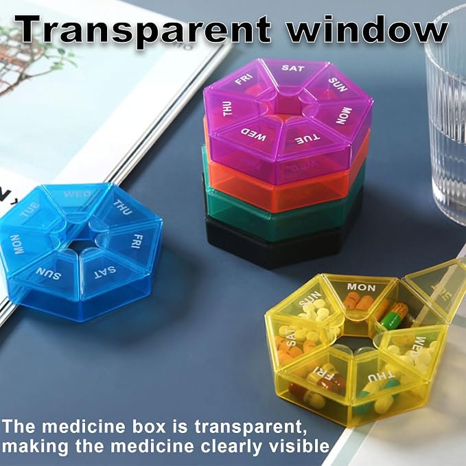 4 Pack Small Travel Pill Organizer, Small Portable Pill Dispenser | Weekly Medicine Box Storage Case, Vitamin Fish Oil Supplement Holder Reminder, Arthritis-Friendly, Yellow Blue Purple Orange