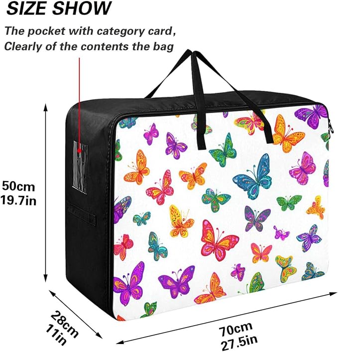 Comforter Storage Bags Large Folding Blanket Organizer Bag with Strong Handles Clear Window Closet Storage Containers for Clothes King Queen Pillows Bedding Quilt Duvet Bright Color Butterfly