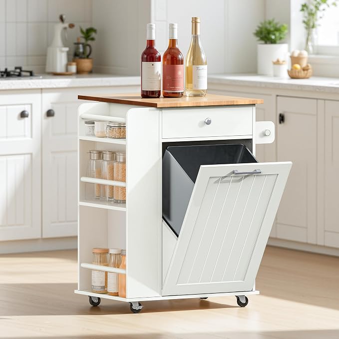 Kitchen Island with Trash Can Storage & Drop Leaf, Portable Kitchen Island on Wheels, Rolling Island Table for Kithchen