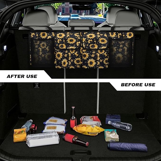 Dreaweet Sunflower Car Trunk Organizers for Women Collapsible Trunk Organizer for SUV with 4 Big Pockets Car Storage Accessories Interior Easy to Install Multifunctional Car Seat Back Storage Bag