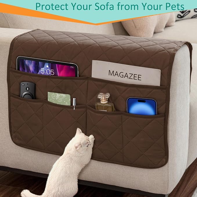 Remote Control Holder for Recliner Non-Slip Armchair Caddy Couch Armrest Organizer, Arm Chair Bedside Caddy Storage Organizer for Recliner Couch With 6 Pockets for Magazine, Phone, iPad (Brown)