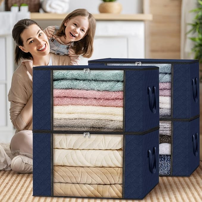 10 Pack Storage Bags for Clothes Blanket Storage Bins with Lids | Foldable Closet Organizers with Zippers,Window and Handles,Fabric Storage Bins for Sweater,Comforter,Bedding,Dorm essentials