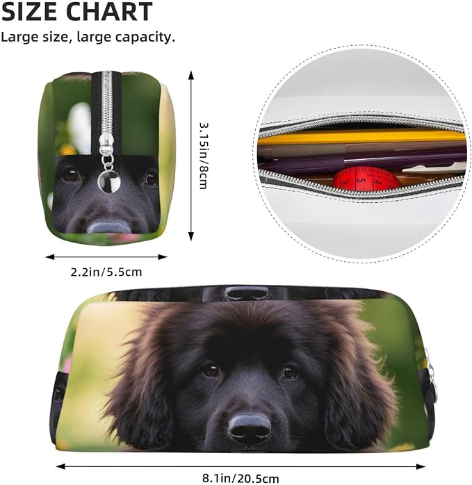 PU Leather Pencil Case Cosmetic Pencil Bags Makeup Pouch with Zipper | Cute Pet Newfoundland Dog Pen Pouch Portable Cosmetic Organizer Bag For Office Woman Man