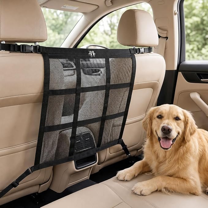 Dog Car Barrier for VW Caddy 2003-2020, Dog Barrier Adjustable Mesh Divider with Zipper Backseat Pet Net Breathable Safety Partition for Travel