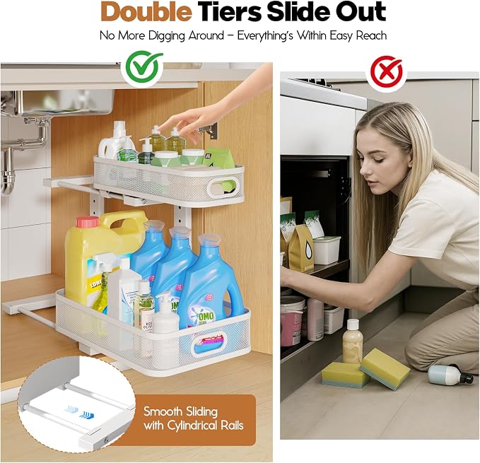 2 Pack Under Sink Organizer With Smooth Cylindrical Rail,2-Tier Pull Out Multi-Purpose Cabinet Storage for Bathroom&Kitchen,Height Adjustable,Rust-resistant Coating-White