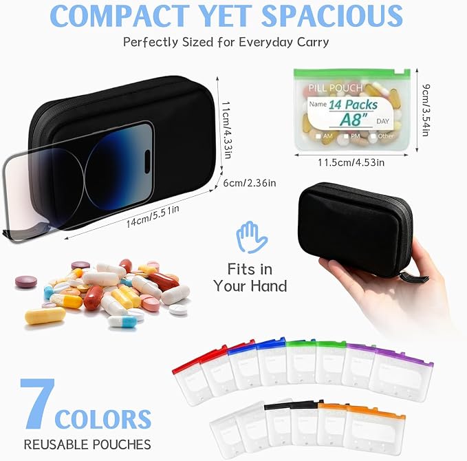 A8 Weekly Waterproof Pill Pouch Set, Reusable Weekly Pill Organizer with 14 Coded AM PM Pouches, Compact Portable Vitamin Supplement Storage Case for Travel Purse Daily Use