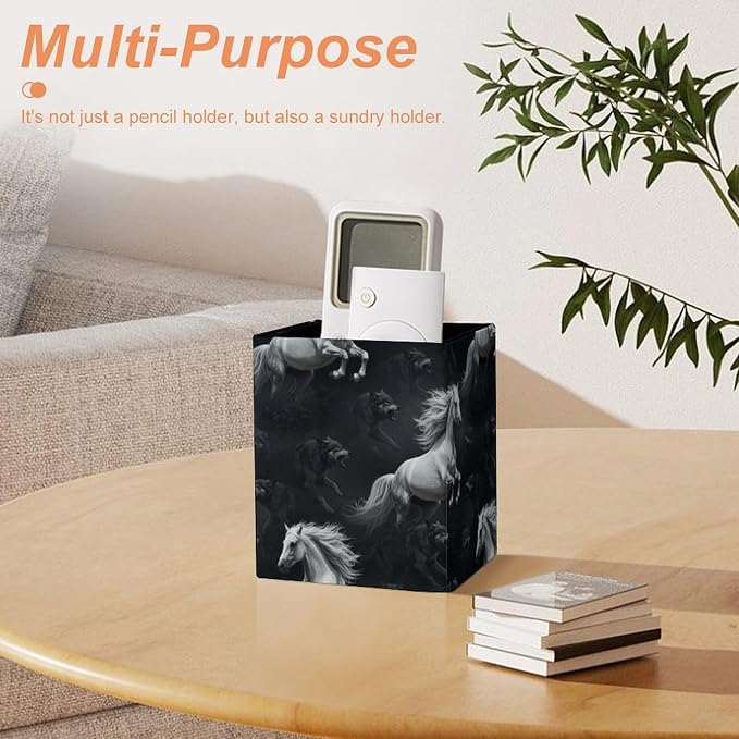 Pen Pencil Holder for Men Women, Pu Leather Square Pencil Organizer Case Dark White Running Wild Horse Wolves Black Makeup Brush Holder Office Supplies