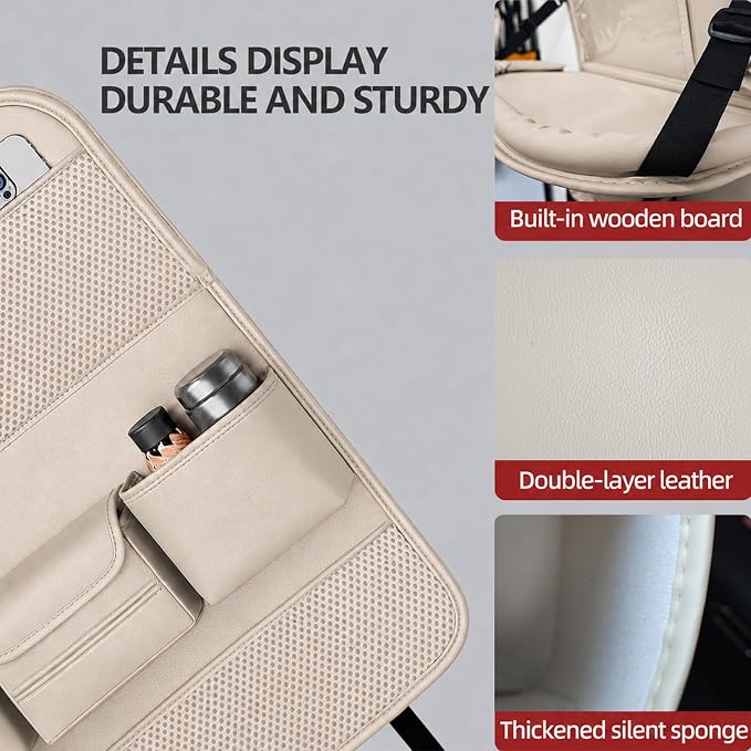 Universal Foldable Car Backseat Organizer with Table Tray, Car Seat Back Protector with Touch Screen Phone Holder, Premium Leather Kick Mats with Storage Pockets Tissue Holder (Beige)