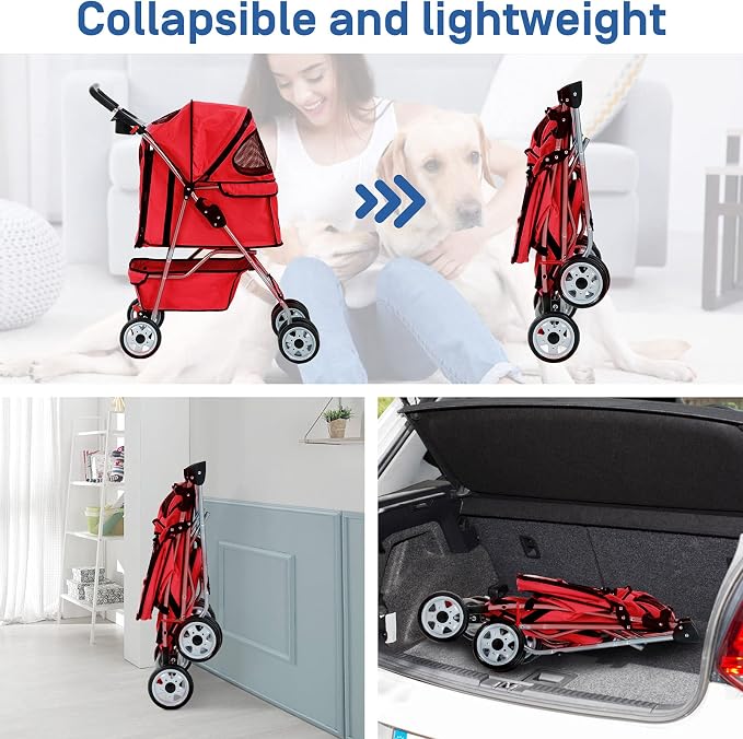 Best 4 Wheels Pet Stroller for Dog Cat, Lightweight and Foldable Pet Jogger Stroller, Carrier Strolling Cart W/Cup Holders Removable Liner for Small and Medium Dog Cat or Pet - Red