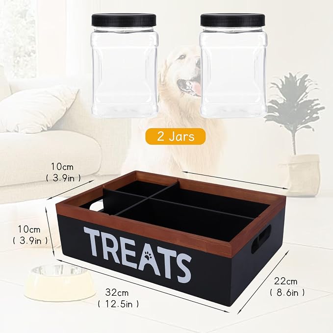 Pethiy Dog Treat Organizer Box with 2 Plastic Jars & Compartments | Wooden Pet Supplies Organizer for Countertop,Pet Treat Storage Box with Dividers pet treat storage with handle dog