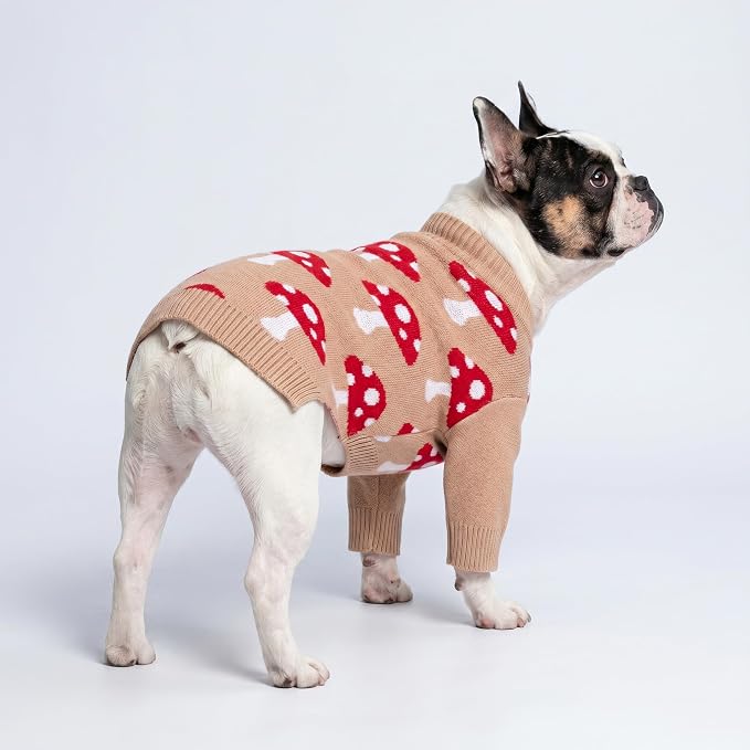 Fitwarm Mushroom Dog Knitted Sweater, Cozy Winter Clothes for Small Dogs Boy Girl, Soft Pet Outfit, Beige, Red, White, XL