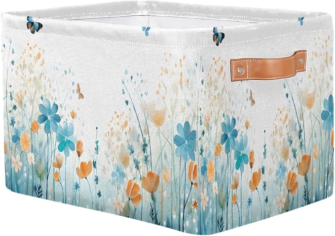 Watercolor Flower Butterfly Rectangular Storage Bin Collapsible Storage Basket Organizer Boxes with Leather Handle Storage Cube for Shelves Toy Laundry Nursery 1 PC