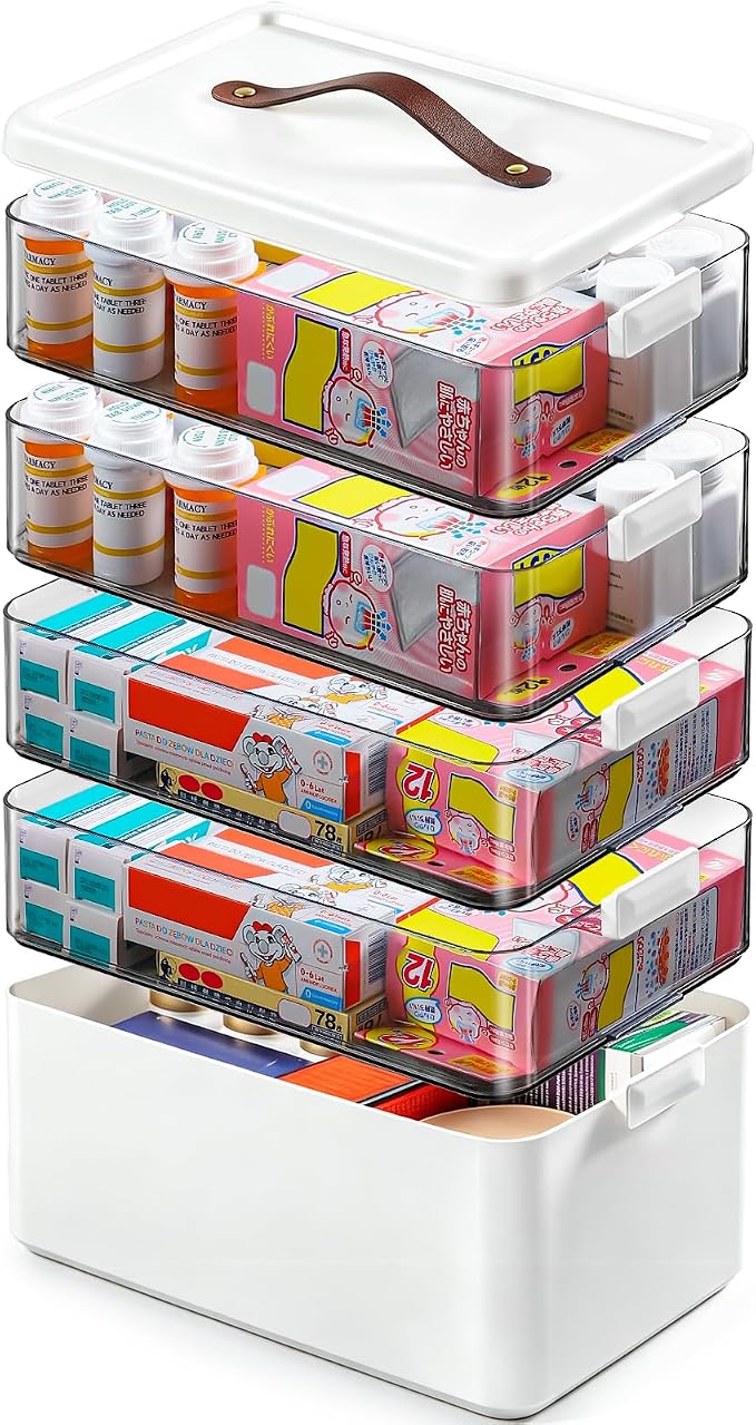 Homaigie Extra Tall 5-Tier Medicine Cabinet Organizer for Medicine Bottles Organizer, Portable Medicine Storage Box with Leather Handle, Empty First Aid Kit Container for Home, Classroom