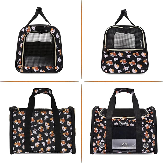 Petmolico Cat Carrier Soft-Sided Airline Approved, Large, Orange Flower | For small/medium cats & puppies up to 16 lbs, 3 open doors, travel-friendly pet bag