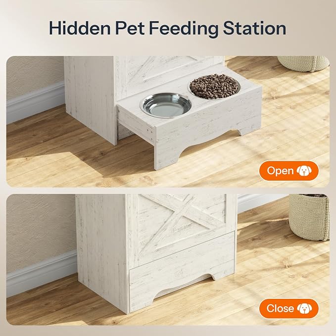 HOOBRO Dog Feeding Station with Sliding Drawer and 2 Hidden Bowls, Pet Feeding Station with Flip-Up Door, Dog Food Storage Cabinet with 2 Hooks for Living Room and Bedroom, Cloud White WT03PO03