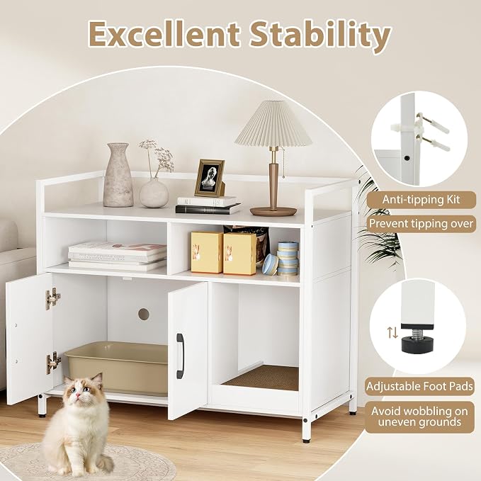 Giantex Cat Litter Box Enclosure - Cat Washroom Hidden Furniture with Front Entry, Scratcher, 2-Door Storage Cabinet, 2 Compartments, Air Vents, Metal Frame, Wooden Pet Crate House (White)