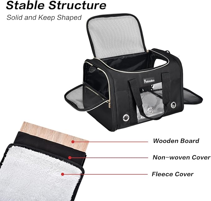 Petmolico Cat Carrier Soft-Sided Airline Approved, Medium,Black | For small/medium cats & puppies up to 16 lbs, 3 open doors, travel-friendly pet bag