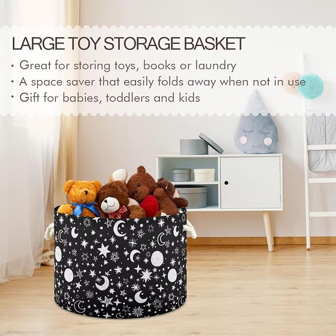 Stars Moon Print Collapsible Round Storage Basket with Handles | Black White Gothic Large Laundry Baskets Hamper, Clothes Organizer Bin for Bedroom Living Room Decor, 20x 20x 14 Inches