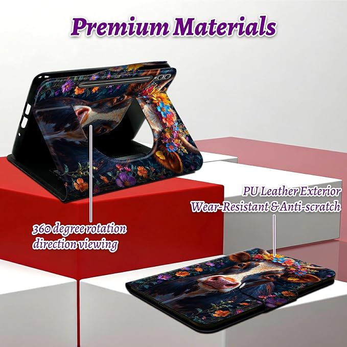 Rotating Handle Case for Samsung Galaxy Tab S10 Plus 2024/S9 FE+/S9 Plus 12.4 Inch 2023, 360 Degree Swivel Kickstand with Magnetic Closure Leather Protective Cover, Black White Cow Flower