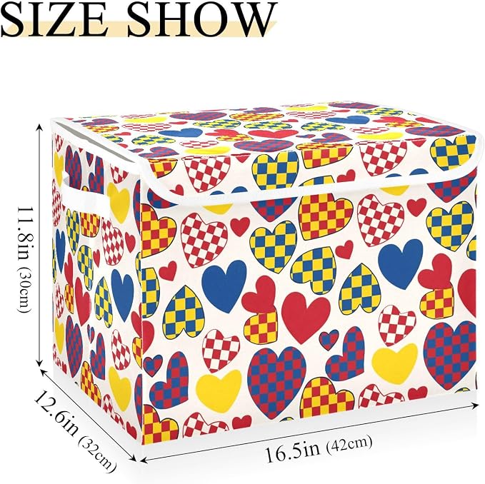 Color Heart Fabric Storage Bins with Lid Foldable Storage Boxes 40L Baskets | Decorative Storage Boxes, Dust-Proof Flip Top, Reinforced Handles, For Home & Bedroom, Clothes & Toy Box, Oxford Fabric Print