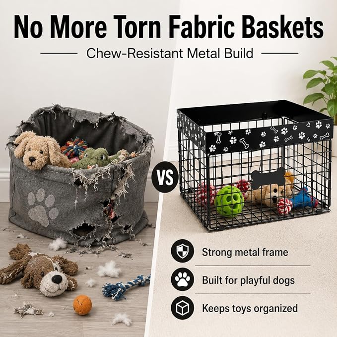 Metal Dog Toy Basket for Living Room, Foldable Dog Toy Storage Bin with Personalized Bone Label, Chew Resistant Pet Toy Organizer Basket, Durable Wire Dog Toy Box for Balls, Ropes, Plush Toys