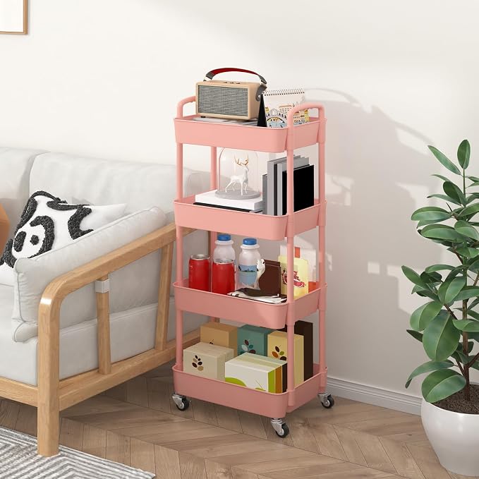 Sywhitta 4-Tier Plastic Rolling Utility Cart with Wheels for Storage, Pink | Multi-Functional Storage Trolley, for Office, Living Room, Kitchen, Bathroom,Movable Organizer,Space-Saving,Easy to assemble