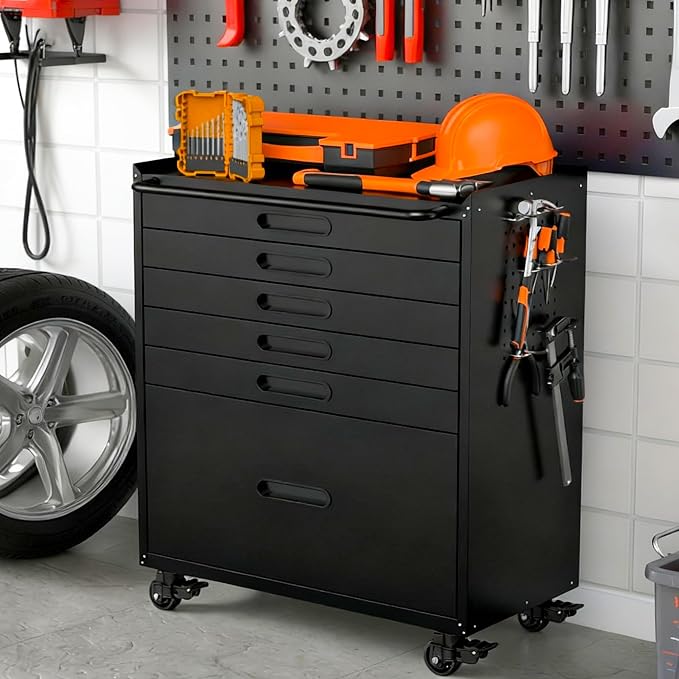 Garage Storage Cabinet,6 Drawer Metal Rolling Tool Cabinet with 2 Pegboard and 10 Hook,Heavy Duty Mechanics Tool Chest Storage for Workshop, Basement,Warehouse,Include Workbench Liner,Black